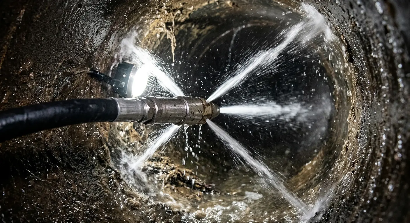 High-pressure hydro jetting nozzle cleaning sewer pipe for Trenchless Sewer Repair in Gretna