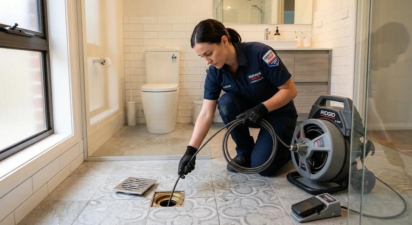 Technician clearing a bathroom floor drain for Drain Repair in Gretna